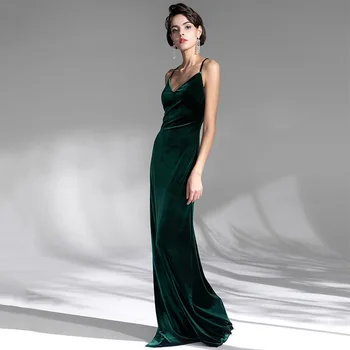 Novo Zeleno Žametno Obleko Modne Ženske Prepredeni Slim Prom Stranka Obleke Letnik: Špageti Trak Backless Haljo Vestidos Mujer 44000