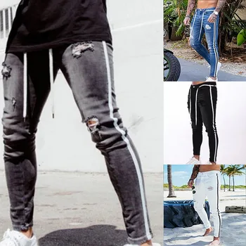 Moške Skinny Jeans Luknjo Raztrgala Modne Kavbojke Slim Velik obseg Strani Trak Bele Kavbojke Jeans Suh Stretch Hlače 2021