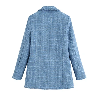 Vintage dvojno zapenjanje modra tweed blazerji plašč ženske 2020 moda kariran tassel ženske vrhnja oblačila priložnostne casaco femme