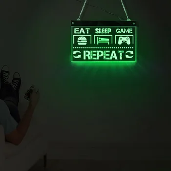 Jesti, Spati, Igra, Ponovite Smešno igre na Srečo Ponudbo LED Neon Znak Človek Jamske Stenske Luči Video Igralec Osvetlitev Prostora Dekor Električni Prikaže Znak