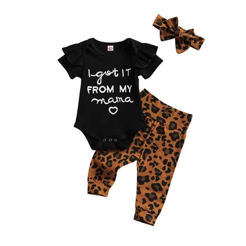 Lioraitiin 0-18 M Newborn Baby Dekle 3Pcs Oblačila Sklop Poletje Kratek Rokav Pismo Natisnjeno Romper Vrh Leopard Dolge Hlače