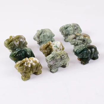 Ročno Izrezljane Gemstone Moss Agate Slon Figur Miniaturni Naravnega Kamna 1.5