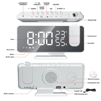 LED Digitalna Budilka Watch Tabela Elektronski Namizne Ure USB Wake Up FM Radio Čas Projektor Dremež Funkcija 2 Alarm