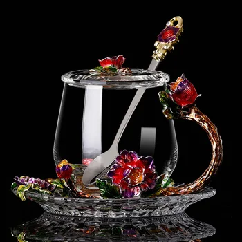 Rdeči Cvet Emajl kozarec kave skodelice čaja skodelice Ročno toplotno odporen kozarcev vode Pokal drinkware ljubimec darilo Popoldne teacup