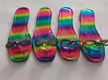 2021 Kristalno Jelly Flip-flops Ženske Copate Mavrični Lok Flip-flops in Nosorogovo Ravno Natikači Vrečko Modni Čevlji Chanclas Mujer