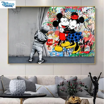 Banksy Grafiti Umetnost Otroci, Izza Zavese Platno Slikarstvo Mickey in Minnie Miško, Street Art Wall Art za Dnevni Sobi Doma
