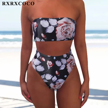 RXRXCOCO Kopalke Ženske Kopalke Tiskanja Visoko Pasu Bikini Nastavite Nazaj Križ kopalke Bandeau Seksi Plažo Biquini Bikini 2021
