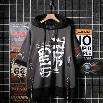 Moške hip hop street slog T-shirt osebnost traku ponaredek dve hooded moda bombaža T-shirt
