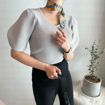 Poletje Puff Rokav Pleteni Pulover Pulover Ženske, Proti-vrat Trdna Slim korejski Moda Vrhovi Skokih Femme 2021