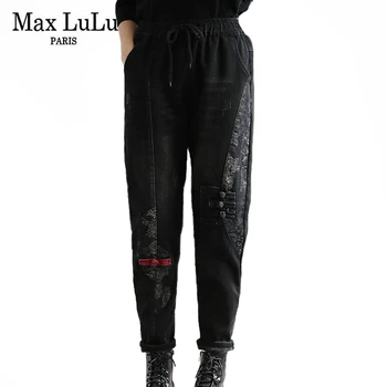 Max LuLu Kitajski Oblikovalec Pantalons Ženska Letnik Natisnjeni Krzno Toplo Kavbojke Ženske Priložnostne Svoboden Punk Stil Harem Hlače, Plus Velikost