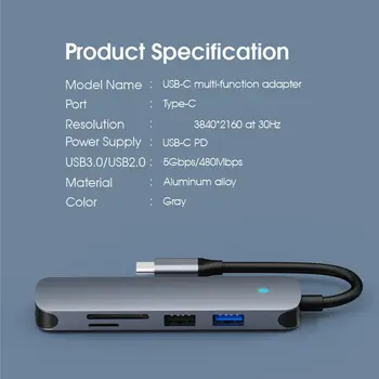 6 V 1 LED Tip-C Zvezdišče Usb 3.0 Otg Hub 4K 60hz HDMI je združljiv TF Card Reader Za Macbook Pro Zraka, Prenosni računalniki, Usb-C Zvezdišča 110353