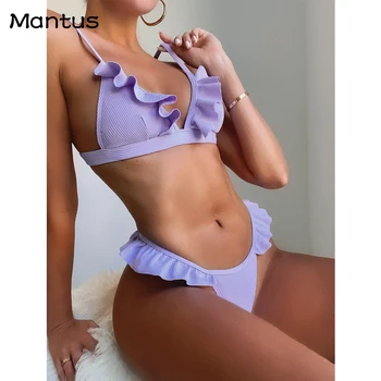 2021 Trdna Ruffle Bikini Komplet Seksi Push Up Kopalke Ženske Nizko Pasu Biquini Ženski Povodcem Plažo Brazilski Poletje Kopalke