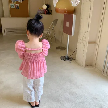 Poletje V Korejskem Slogu Puff Rokav Baby Dekleta Princesa Bluze 2020 Nove Čiste Barve Srčkan Toddlers Otroci Vrhovi Otroci, Naguban Majice