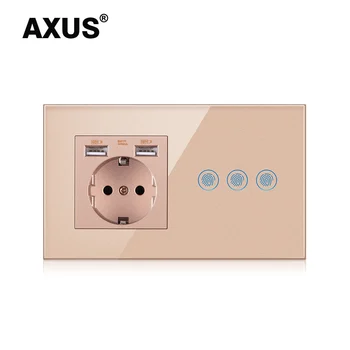 AXUS Light Touch Stikalo Z EU Moči Steno USB Vtičnice Black Wall Led Stikala 1/2/3Gang 1Way Kristalno Plošča Temno Modra Osvetlitev