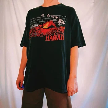 Havajih Vulkan Tiskanja Vintage Stil Unisex Grafični Tees Black Bombaža, Kratek Rokav Estetske Srajce Plus Velikost Poletje Priložnostne Majice