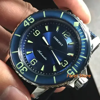 Novo Corgeut 45mm srebrno jeklo primeru, sijoča modra številčnica modro ploščo luksuzno usnjeno traku samodejno mens mehanske zapestne watch 11425