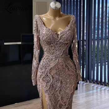 Lowime Beaded Čipke Večerne Obleke Vijolična V Vratu Iluzijo Stranka Obleke 2021 Meri Split Dubaj Arabski Plus Velikost Prom Obleke 115007