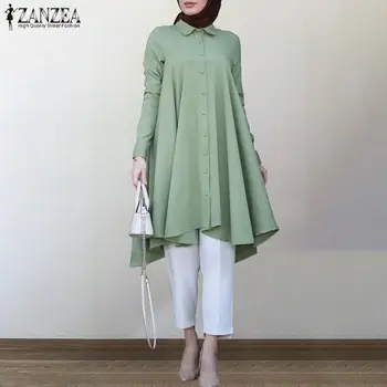 ZANZEA Asimetrični Majice Ženske Jeseni Bluzo 2021 Priložnostne Retro Dolg Rokav turško Haljo Majice Ženske Trdna Islam Oblačila