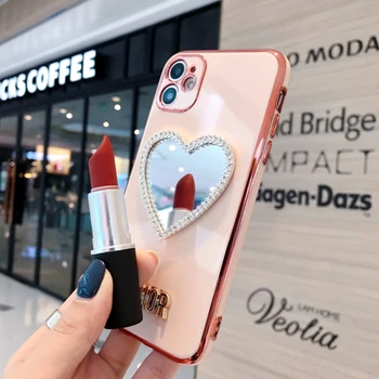 Luksuzni 3D Plating Ljubezen Srce Ogledalo Primeru Telefon Za iPhone 12 11 XS XR 7 8Plus Electroplate ogledalo Ličila Dekle Diamond Mehko Pokrov