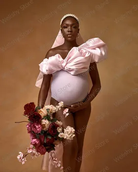 High End Baby Roza Stretchy Spandex Porodniškega Babysuit Obleka Ženske 2021 Najnovejši Chic Zabuhle Saten Ovratnik Noseča Obleko Phoot