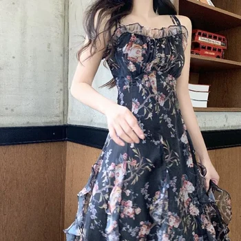Obleka Ženske korejski Modni Stil Cvetlični A-Slim line Gube Seksi, Elegantna Špageti Trak Poletne Počitnice Letnik Stranka Visoko Pasu