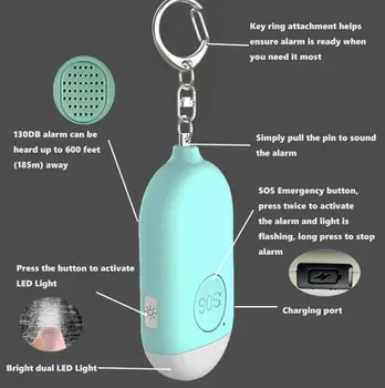 130dB Varno Zvok Osebni Alarm, Sirene SongSelf Obrambo Alarm Keychain Sili LED Svetilka Orodja Z USB Rechargerable