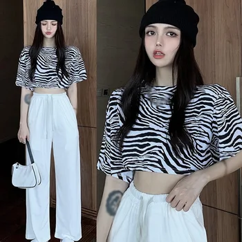 2021 Novo SummerWomen je korejski Moda Bombaž Rdeče Retro Zebra Print Krog Vratu Kratek Rokav, Kratke Temperament T-shirt Vrh