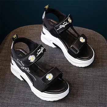 Korejski Slog Očesa Votlih Iz Udobno Povečujejo Čevlji 7cm Moda Daisy Vezenje Peep Toe Sandale Klini Platformo Rimu Čevlji 1255