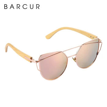 BARCUR Mačka Oči, sončna Očala Bambusa Polarizirana Kovinski Okvir Les Očala Lady Luksuznih Modnih Sonce Odtenki UV400