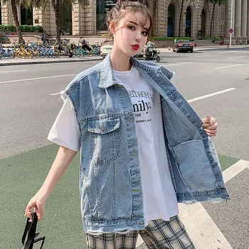 Ulične Mode Denim Telovnik Vrh Študent 2021 Modi Nove Blue Jean Jopiči Poletje Luknjo Punk Waistcoat Korejske Ženske Oblačila