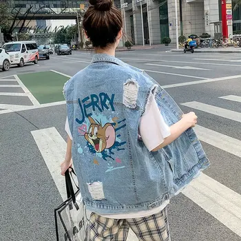 Ulične Mode Denim Telovnik Vrh Študent 2021 Modi Nove Blue Jean Jopiči Poletje Luknjo Punk Waistcoat Korejske Ženske Oblačila