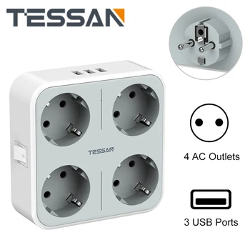 TESSAN 7-v-1 EU Plug Power Trak Ac Steno 4 Vtičnicami Prenosen 3 Vrata USB (3600W 10A) Prenapetostna Zaščita za Pametni telefon Tablični računalnik