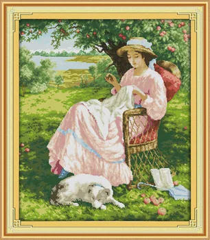 Ženska pod apple tree Natisnjeni Platno DMC Šteje Navzkrižno Šiv natisnjeni Kompleti Navzkrižno vboda nastavite Vezenje Needlework