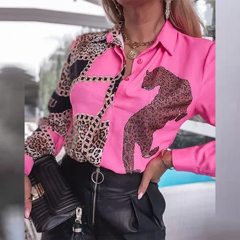 Elegantno Verige Leopard Roza Mozaik Bluze Za Ženske Slučajen Zavoj Navzdol Ovratnik Gumb Vrhovi 2021 Urad Dama Modi Nove Dolge Majice
