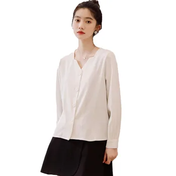 Na japonskem Slogu Bluzo Pomlad Poletje korejski Moda Temperament Svoboden Priložnostne Enostavne Eno-zapenjanje Proti-vrat Dolg Rokav 20221