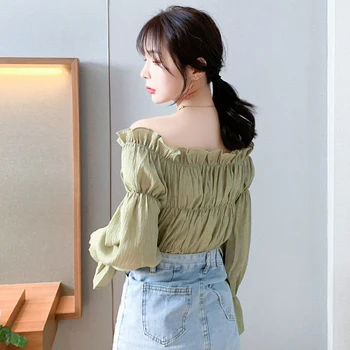 Moda Poševnica-vrat Trdna Puff Dolg Rokav korejskem Slogu Svoboden Ženske Bluze 2020 Jeseni Novi All-tekmo Ženska Majica 10664