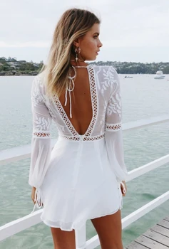 Ženske Boho V Vratu Dolg Rokav Backless Obleko Pure White Party Summer Beach Mini Sundress Seksi Obleko