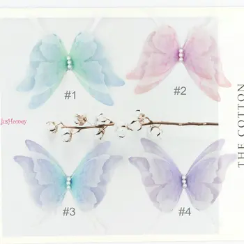 40PCS 4-plastno Organza Swallowtail metulj appliques 6.5 CM Svile Metulji w/ Pearl za Nakit, Izdelava, Choker, sponke za Lase