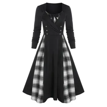 Vintage Obleko Ženske Plus Velikost Kariran Tiskanja Modelno Gumb Umetno Twinset Midi Obleko Gotike Maxi Dolgo Obleko Vestidos ropa mujer