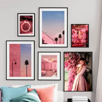Nordijska Plakatov In Fotografij Wall Art Platno Slikarstvo Pink City Cvet Svetlobe Beach Dekle Foto Stenske Slike Za Grils' Soba Dekor