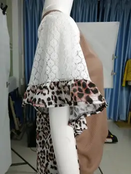 Plus Velikost Boho Kratek Rokav Čipke Splice Žensk Vrhovi Leopard Ogrlicom Rokav Priložnostne Tshirts Poletje Lok Twist T-Shirt Femme 2020