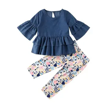 Malčka Dekle Oblačila 2020 Otrok Baby Dekle Denim Obleke Obleko Dolg Rokav Vrhovi Cvetlični Dokolenke Hlače 2pcs Oblačila, ki 13501