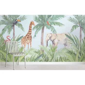 Bacaz Akvarel Divje Zapleten Džungle Prijatelji Ozadje Zidana za Otroški Vrtec 3d Cartoon Stene papirja Eksotičnih Živali Kindom Dekor 135062