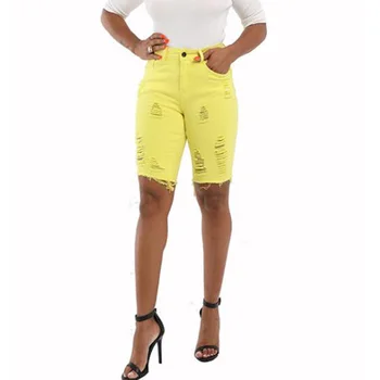2021 Bermuda Dolgo Traper Hlače Ženske Visoko Pasu Stretchy Roza Bodycon Jeans Hlače Za Ženske, Dame Raztrgala Tassel Bermuda Femme