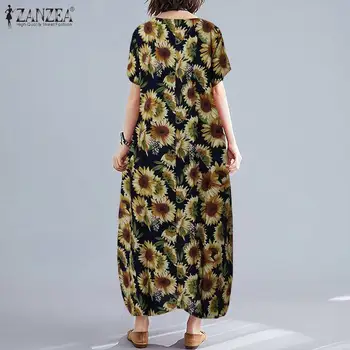 Vintage Natisnjeni Poletje Oblačenja Žensk Cvetlični Sundress ZANZEA 2021 Priložnostne Kratek Rokav Maxi Vestidos O Ženski Vratu Robe 13690