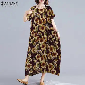 Vintage Natisnjeni Poletje Oblačenja Žensk Cvetlični Sundress ZANZEA 2021 Priložnostne Kratek Rokav Maxi Vestidos O Ženski Vratu Robe