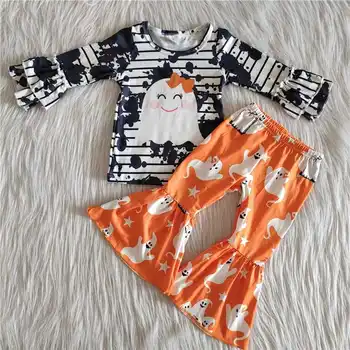 Debelo Otrok Baby Dekle Halloween Kompleti Oblačil Otroci Ruffle Tie Dye Črtasto Majico Oranžna Duha Bell-dnom Obleko Hlače