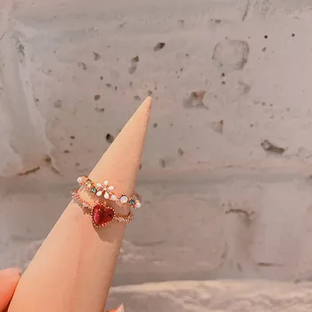 Japonski in korejski Rose Gold Ring Vdelan Kristalno Smolo Srce Obroč Roza Cvet Ženske, Nakit Dekle Študent Najboljši Nakit Darila