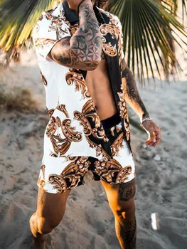 Luksuzni Črni Moda Hawaiian Tiskanja Majica Kratek Rokav Set za Moške Plaži Kokosovo Tiskanja Hlače za Moške Dnevno Plaži Shirt Nastavite Dva-piec