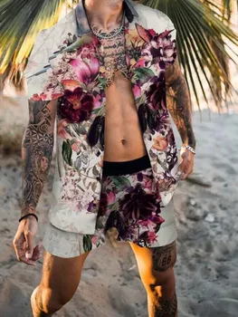 Luksuzni Črni Moda Hawaiian Tiskanja Majica Kratek Rokav Set za Moške Plaži Kokosovo Tiskanja Hlače za Moške Dnevno Plaži Shirt Nastavite Dva-piec